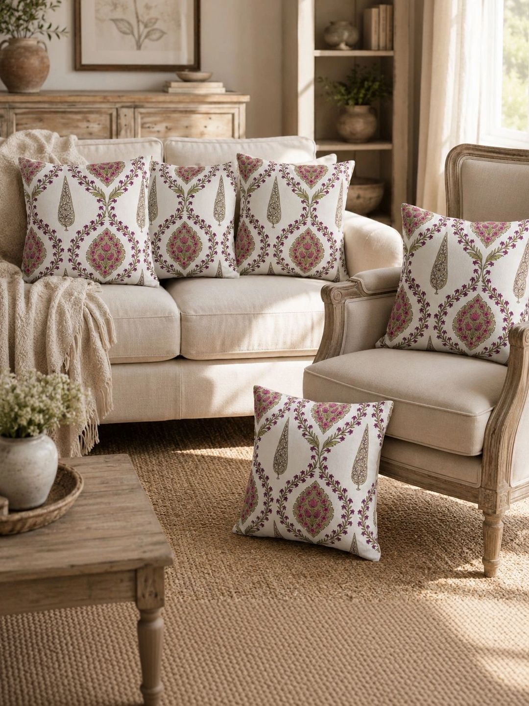 Aura Cream-Coloured & Purple Set of 5 Ethnic Motifs Square Cushion Covers-picture-18