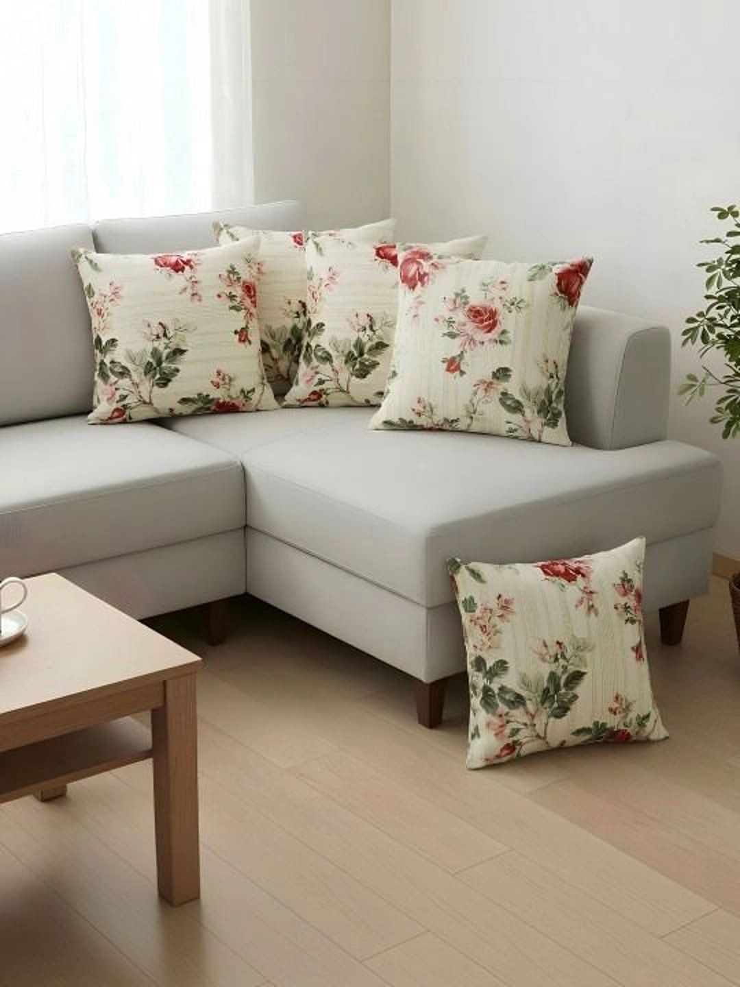 Myntra Elegant Homes Beige Set of 5 Floral Square Cushion Covers-picture-11