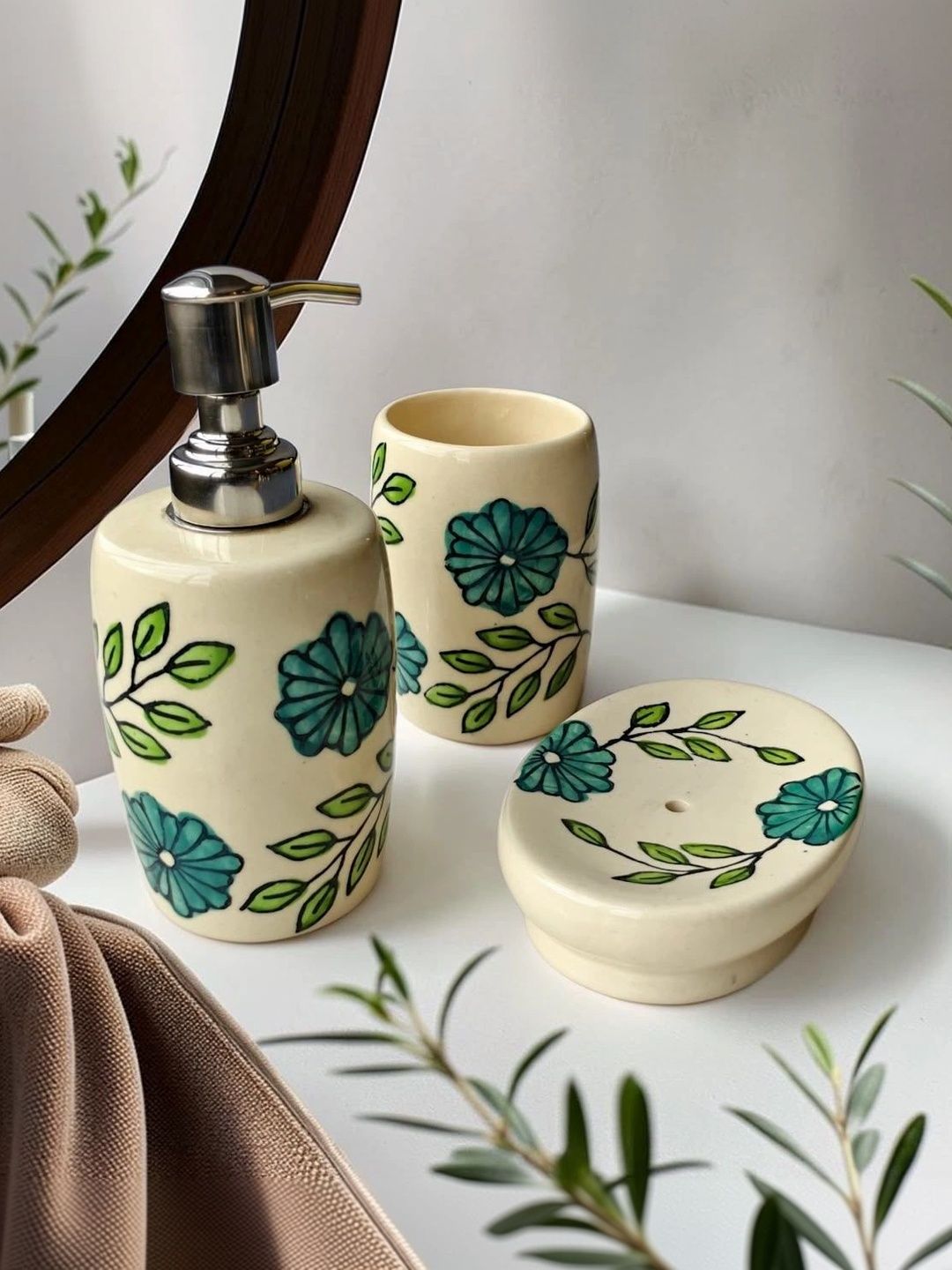 Heirloom Home White & Green 3 piece Floral Ceramic Bath Accessories Set-image-7