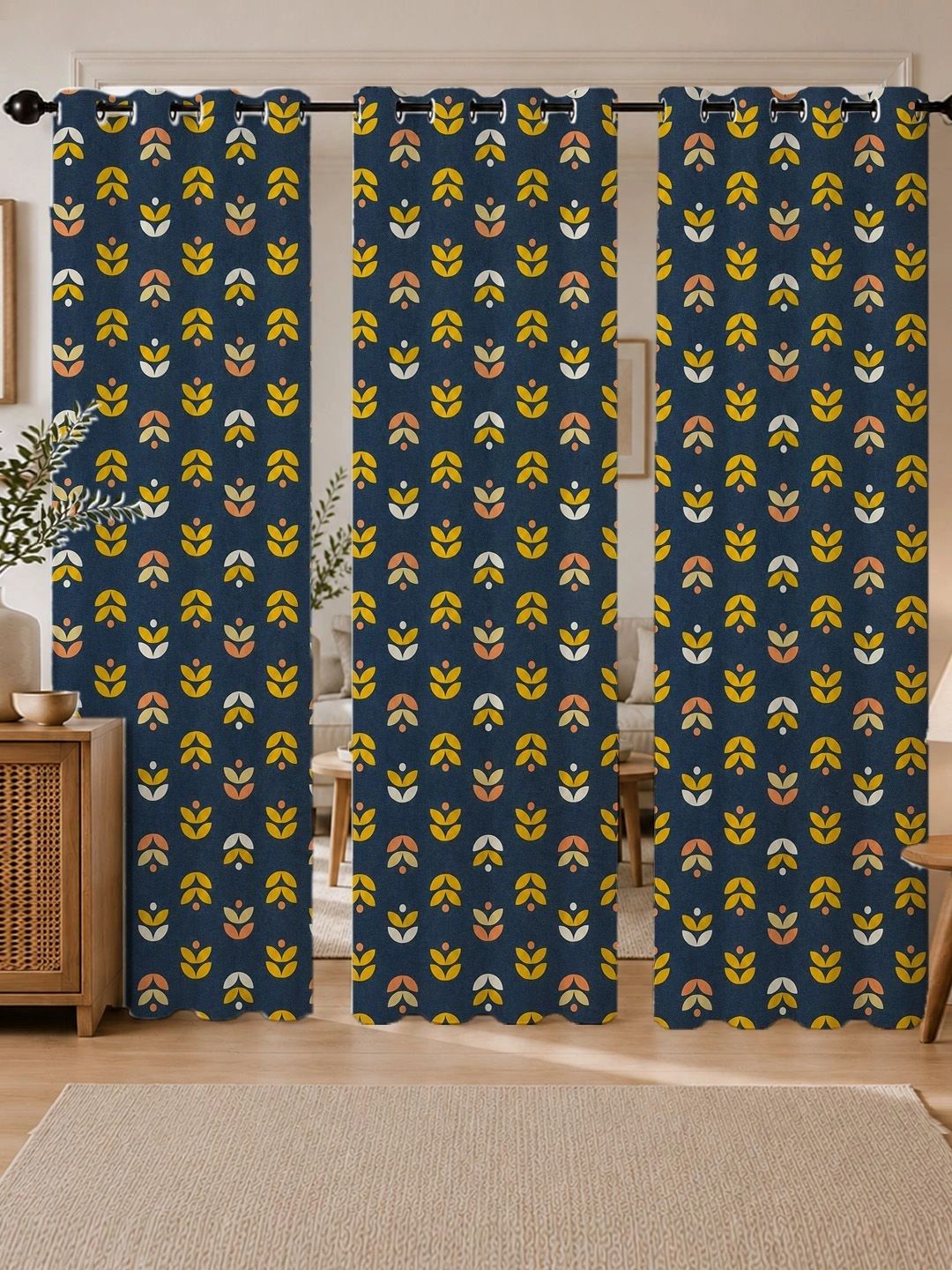 ANA Navy Blue Set of 3 Floral Room Darkening Long Door Curtain-image-29