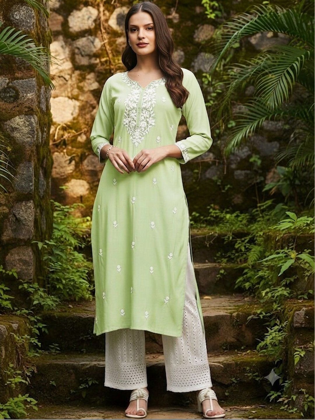 ROOP AYU Ethnic Motifs Embroidered V-Neck Chikankari Chikankari Kurti-picture-13