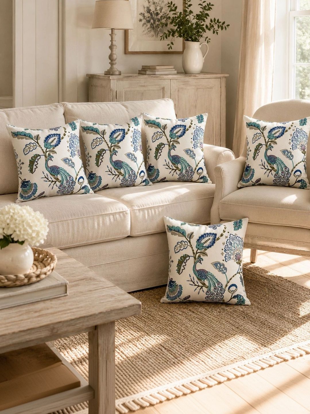 Myntra Elegant Homes Blue Set of 5 Floral Square Cushion Covers-picture-57