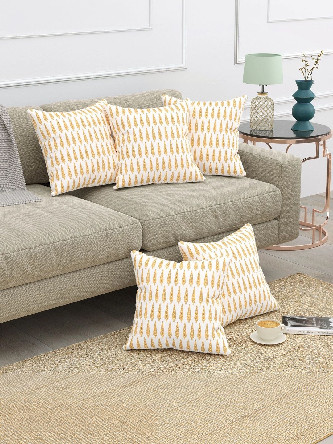 Texstylers Gold-Toned & White Set of 5 Square Cushion Covers-picture-28