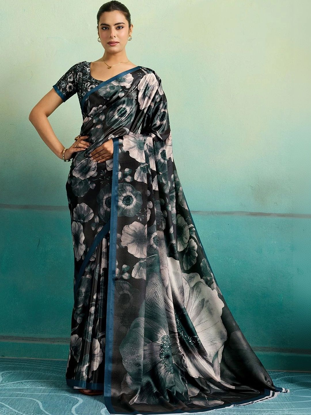 The Textile Hub Floral Satin Saree-picture-49