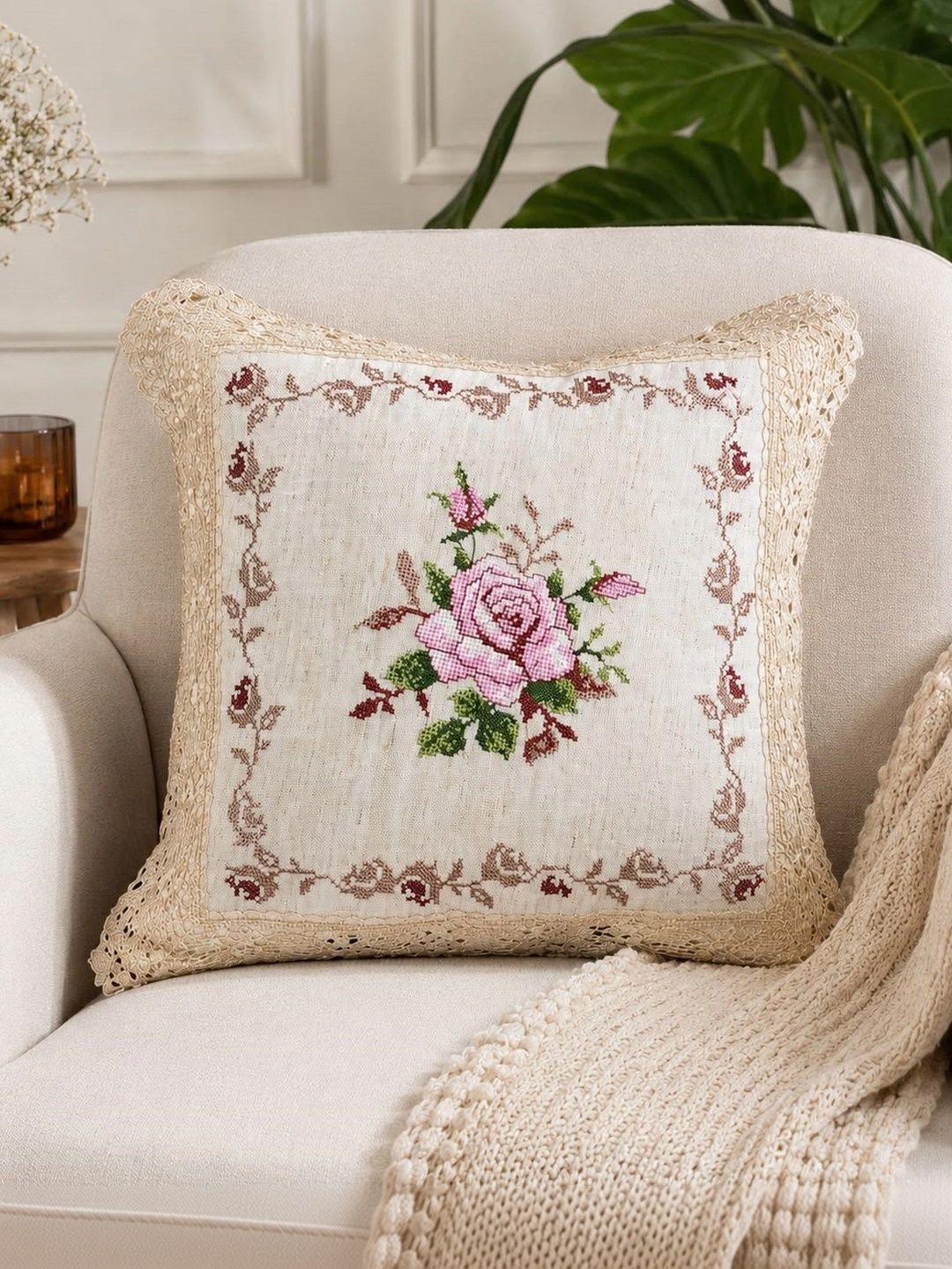 MONKDECOR White Floral Linen Square Cushion Covers-picture-12