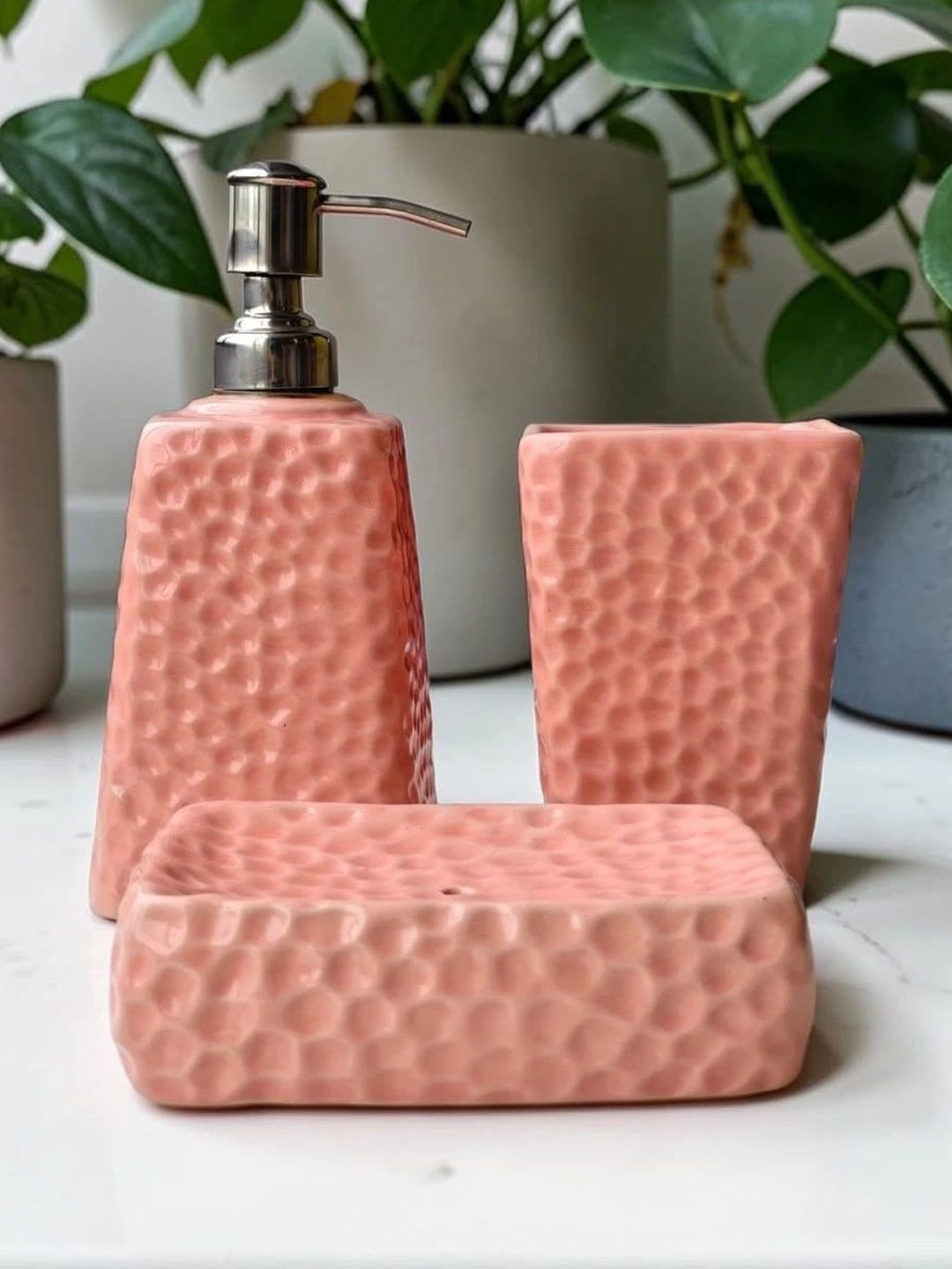 Heirloom Home Pink 3 piece Textured Ceramic Bath Accessories Set-picture-38