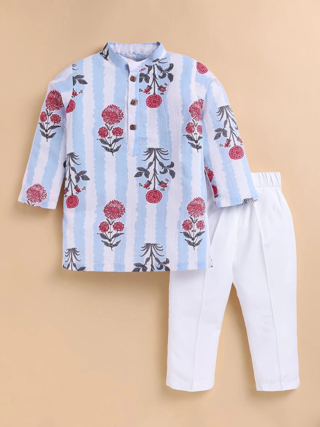 LITTLE COLLARS Boys Floral Printed Regular Pure Cotton Kurta with Pyjamas-picture-24