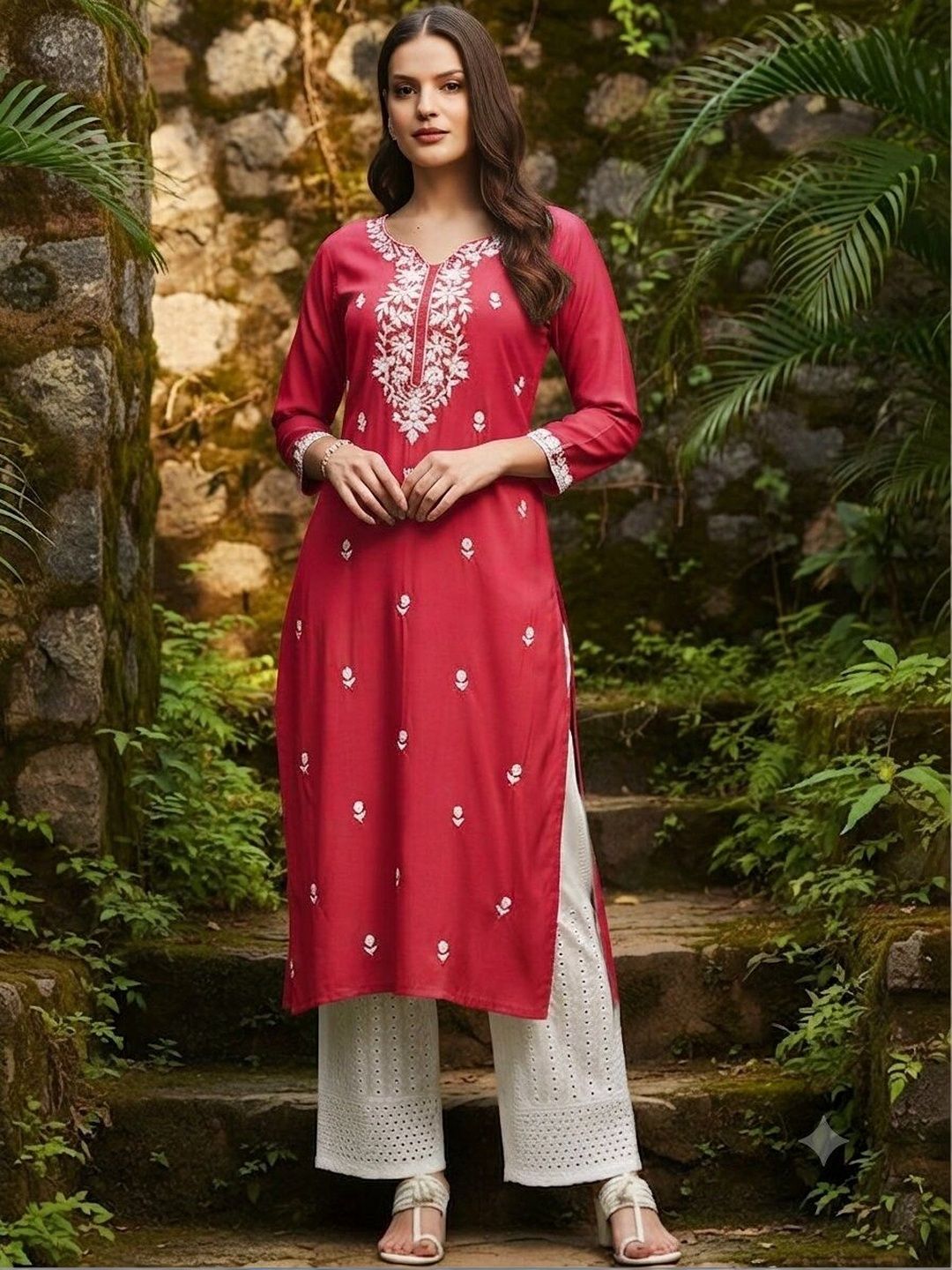 ROOP AYU Ethnic Motifs Embroidered V-Neck Chikankari Chikankari Kurti-image-19