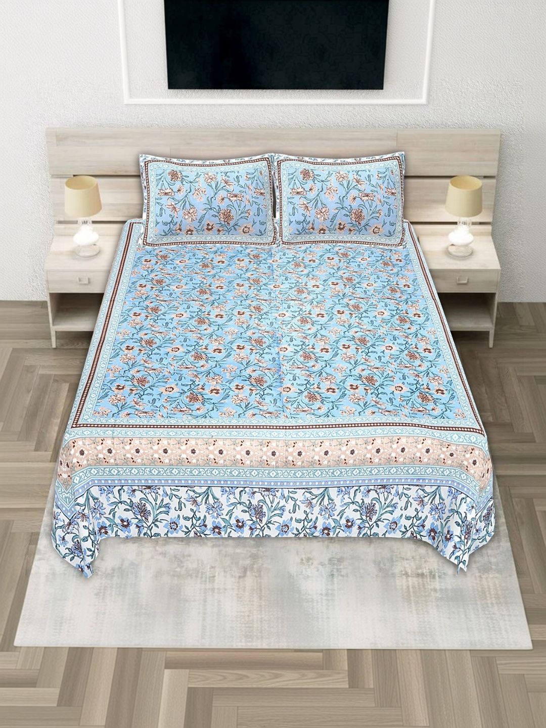JANGID INDUSTRYS Blue & White Floral 210 TC Bedsheet with 2 Pillow Covers-picture-20
