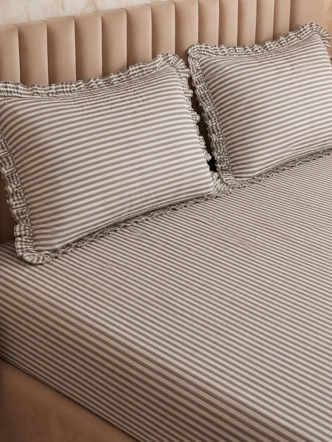 Aura Camel Brown & Beige Striped 250 TC King Bedsheet with 2 Pillow Covers-image-10
