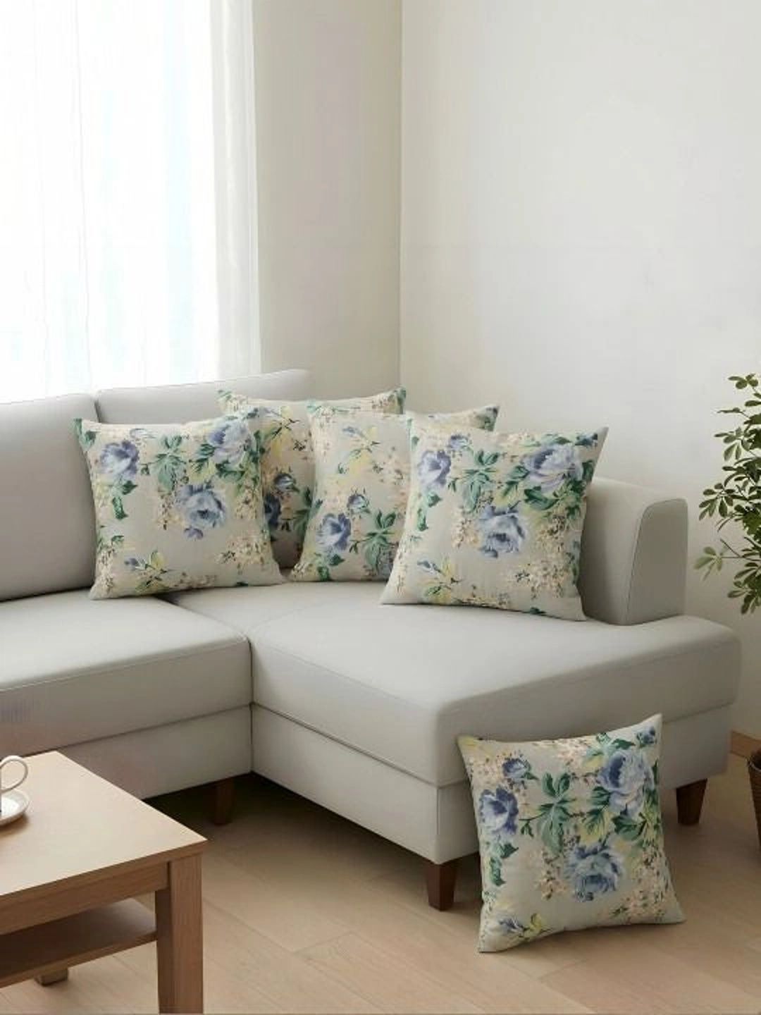 Myntra Elegant Homes Green Set of 5 Floral Square Cushion Covers-picture-16