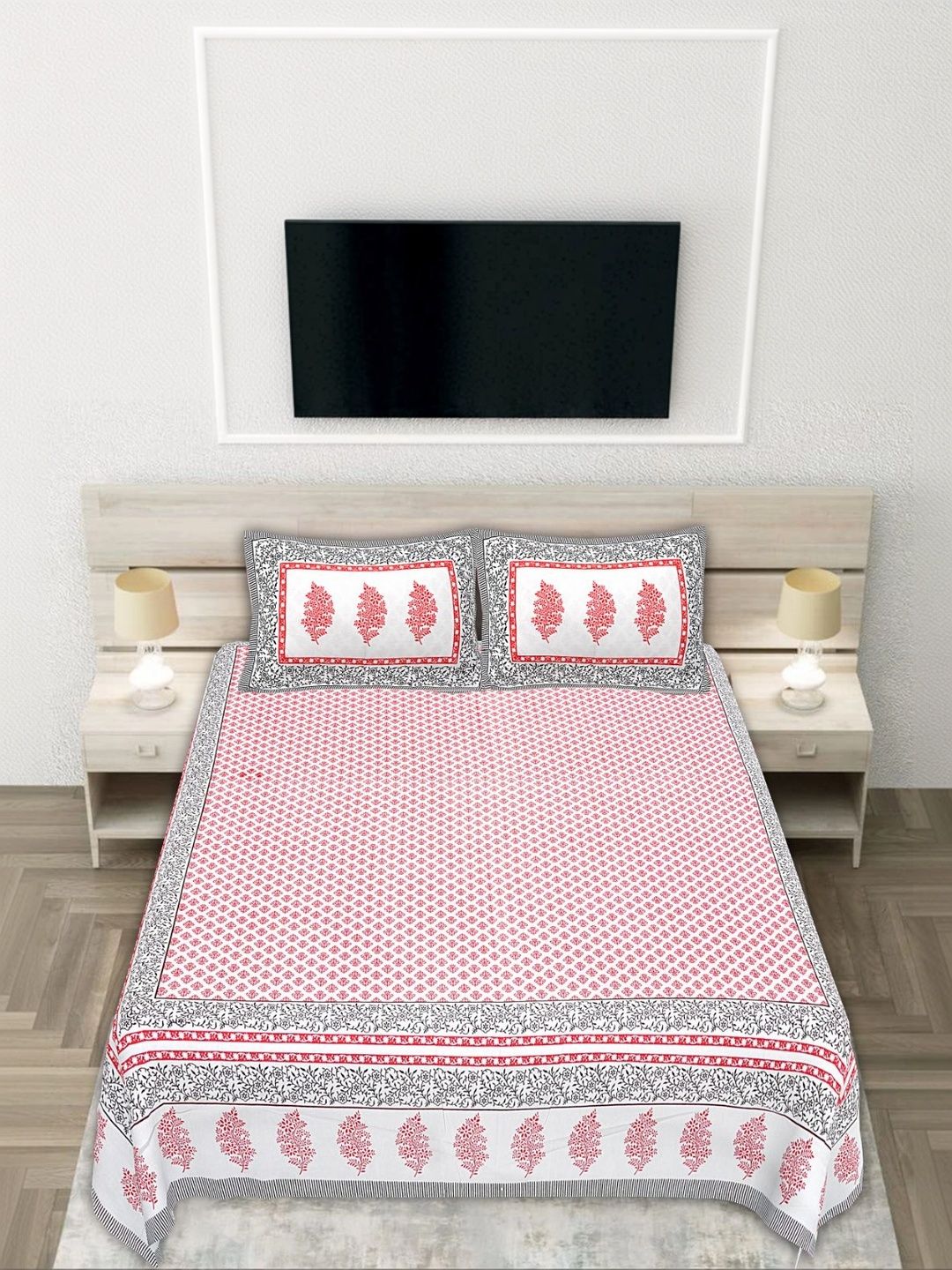 JANGID INDUSTRYS Red & Charcoal Floral 210 TC Bedsheet with 2 Pillow Covers-image-5
