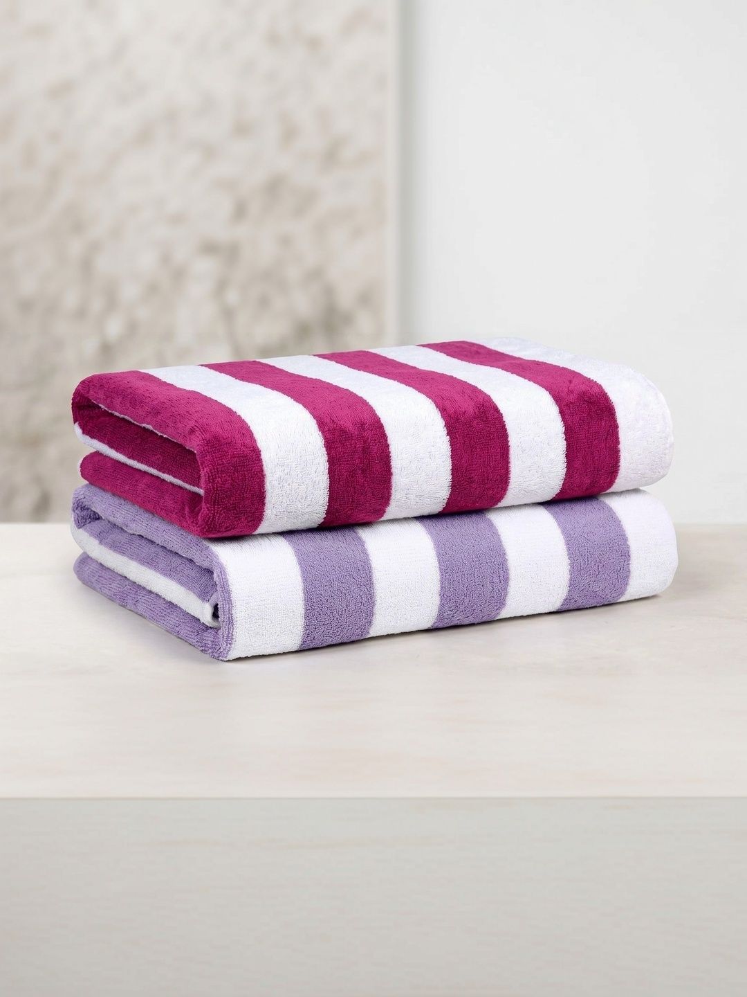 Hornbill Enterprises 2-Pcs Pink & Lavender Striped Pure Cotton 500 GSM Beach Towels-image-49