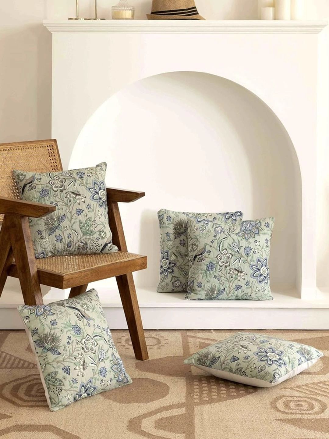 Aura Green & White Set of 5 Floral Square Cushion Covers-picture-33
