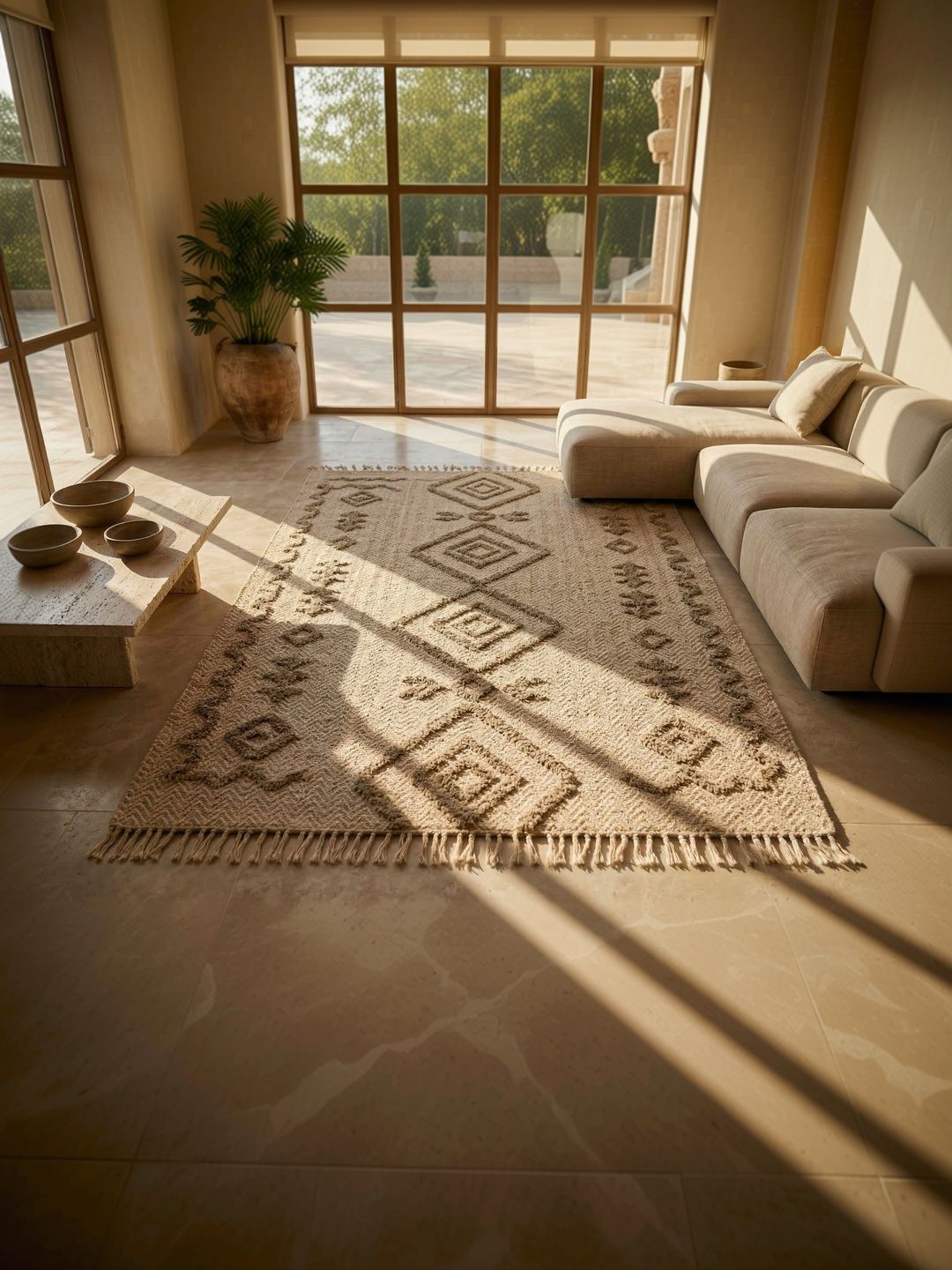 BUNGALOW AND BEYOND Cream-Coloured Geometric Handmade Cotton Carpet-image-29