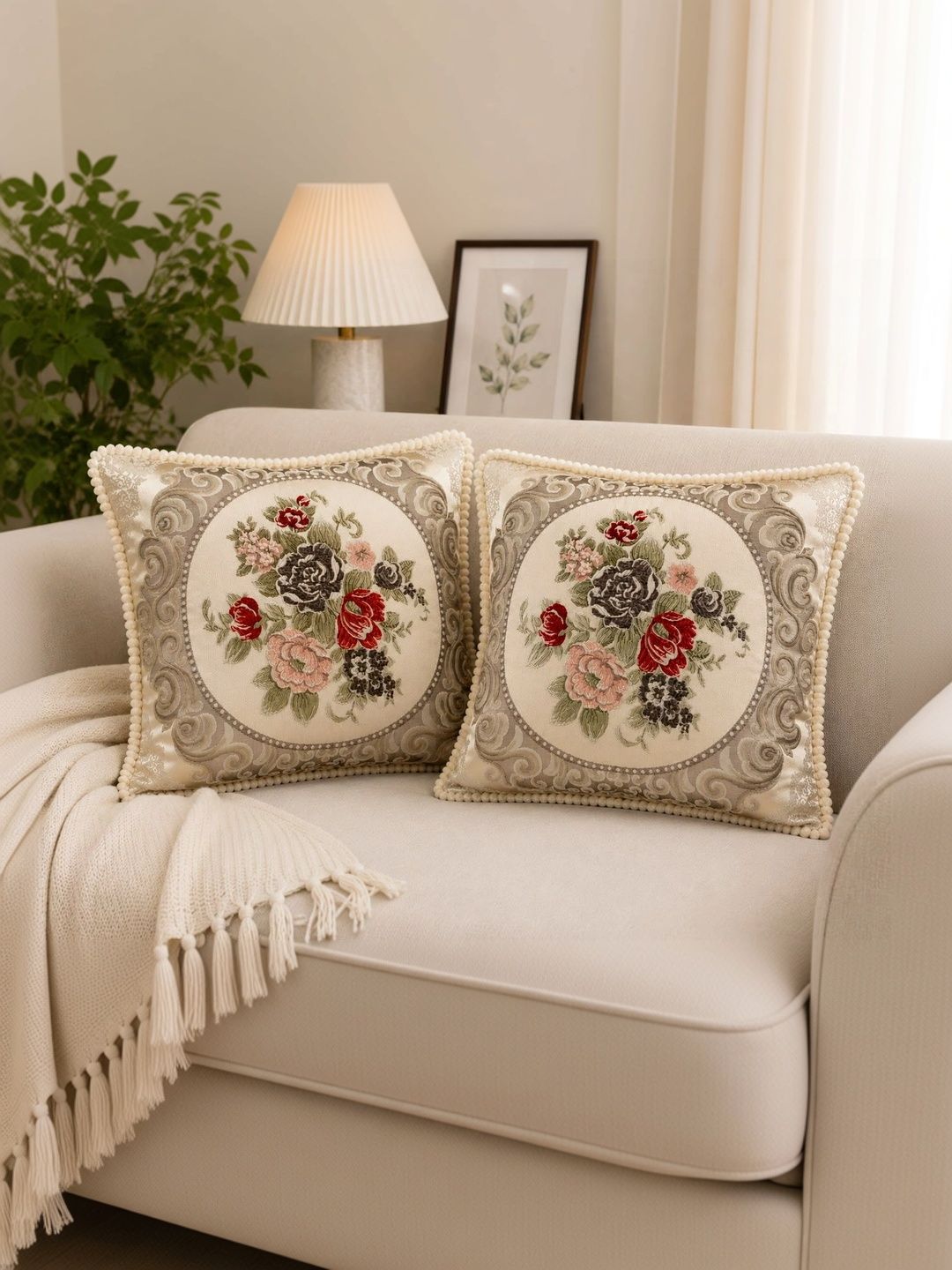 TANLOOMS White Set of 2 Floral Square Cushion Covers-picture-46