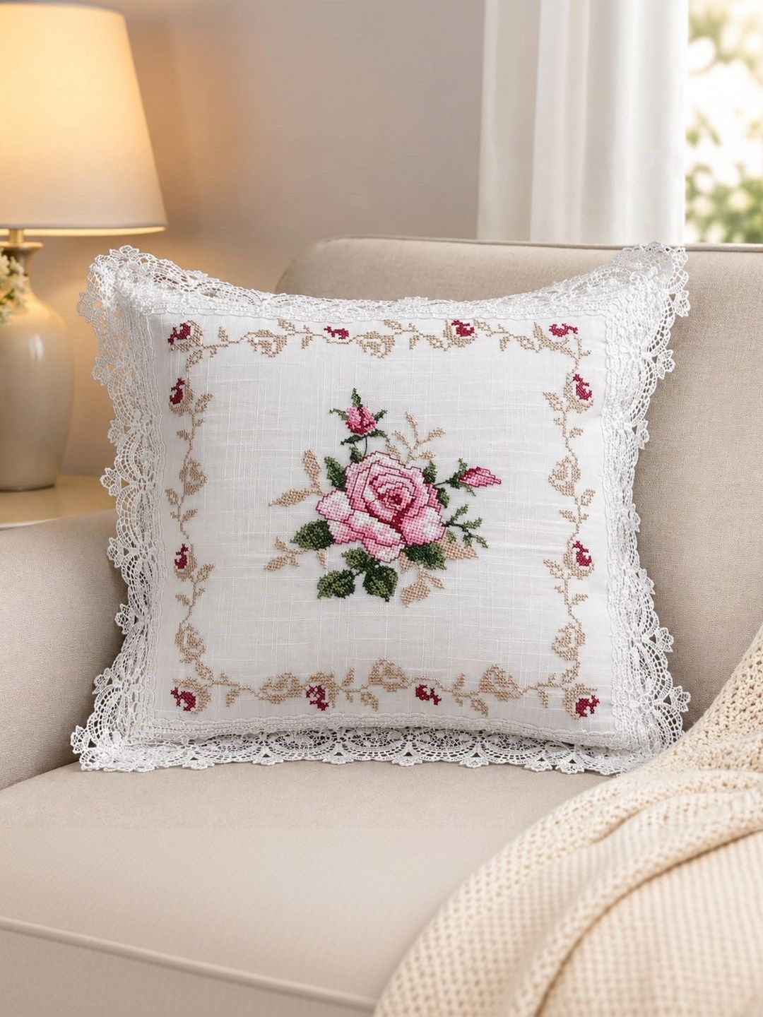 MONKDECOR White Floral Linen Square Cushion Covers-picture-25