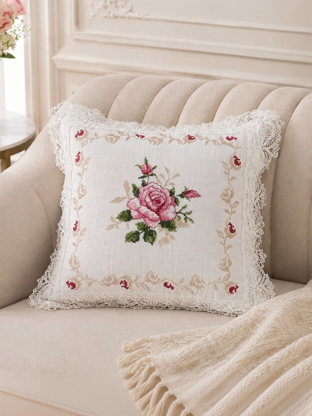 MONKDECOR White Floral Linen Square Cushion Covers-picture-13
