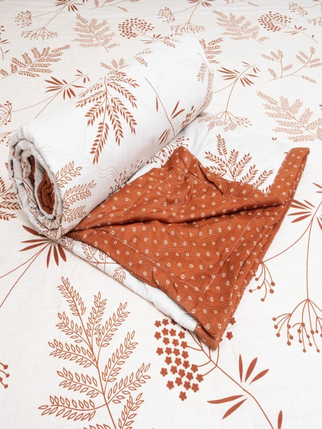 Threadwear Cream-Coloured & Rust Floral Polycotton 1 Piece Double Queen Regular Bedding Set-picture-24