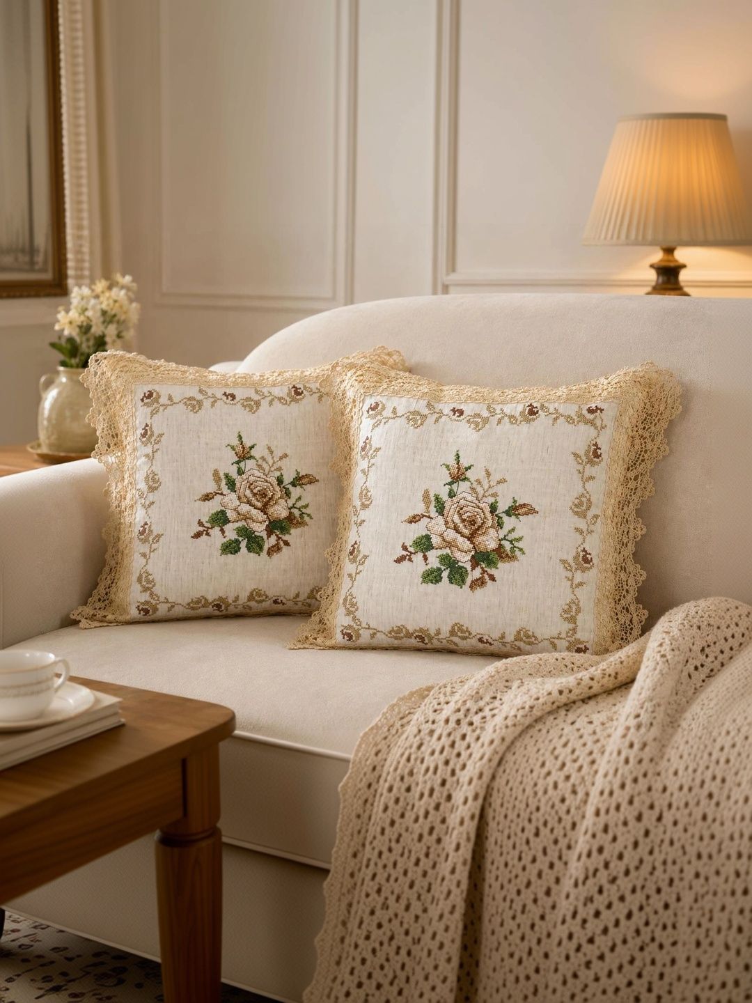 MONKDECOR White Set of 2 Floral Linen Square Cushion Covers-picture-25