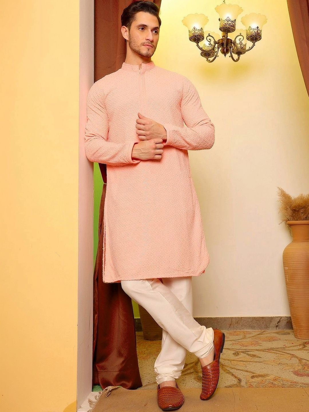 House of Pataudi Men Embellished Chikankari Kurta-picture-54