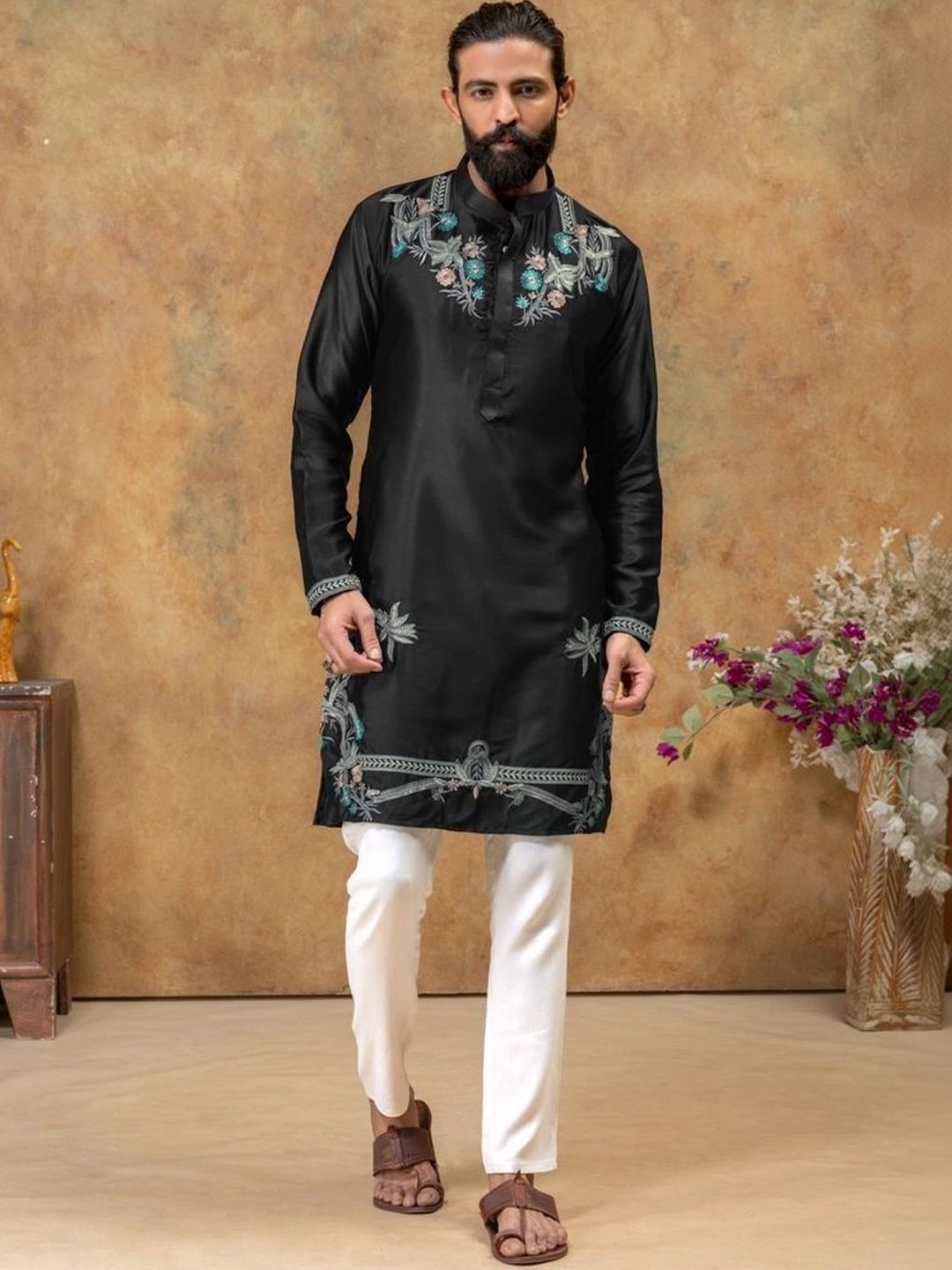 HOUSE OF DORAS Men Embroidered Thread Work Grandeur & Majestic Artwork Satin Blend Kurta-picture-21