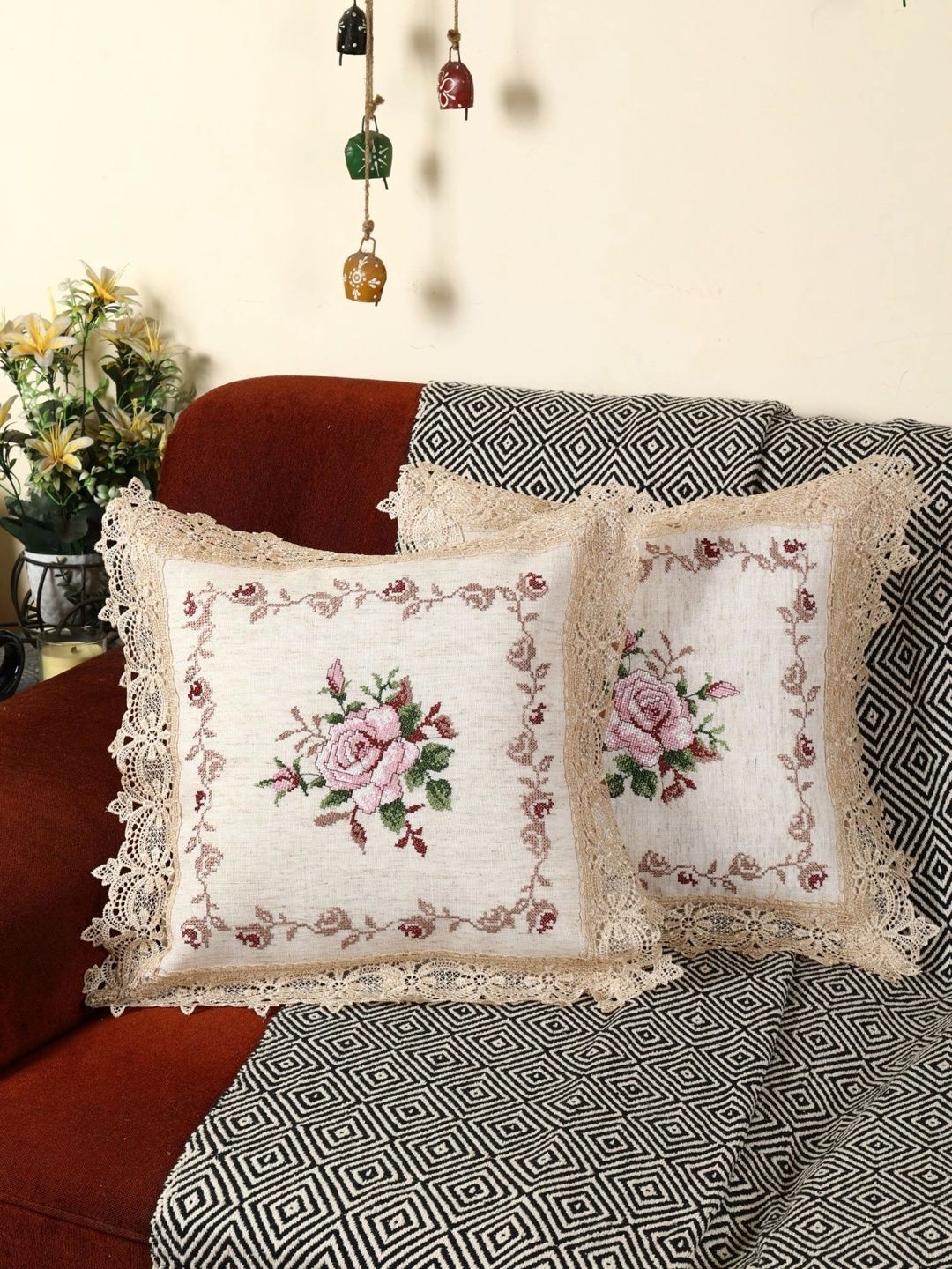MONKDECOR Gold-Toned & Pink Set of 2 Floral Linen Blend Square Cushion Covers-image-35