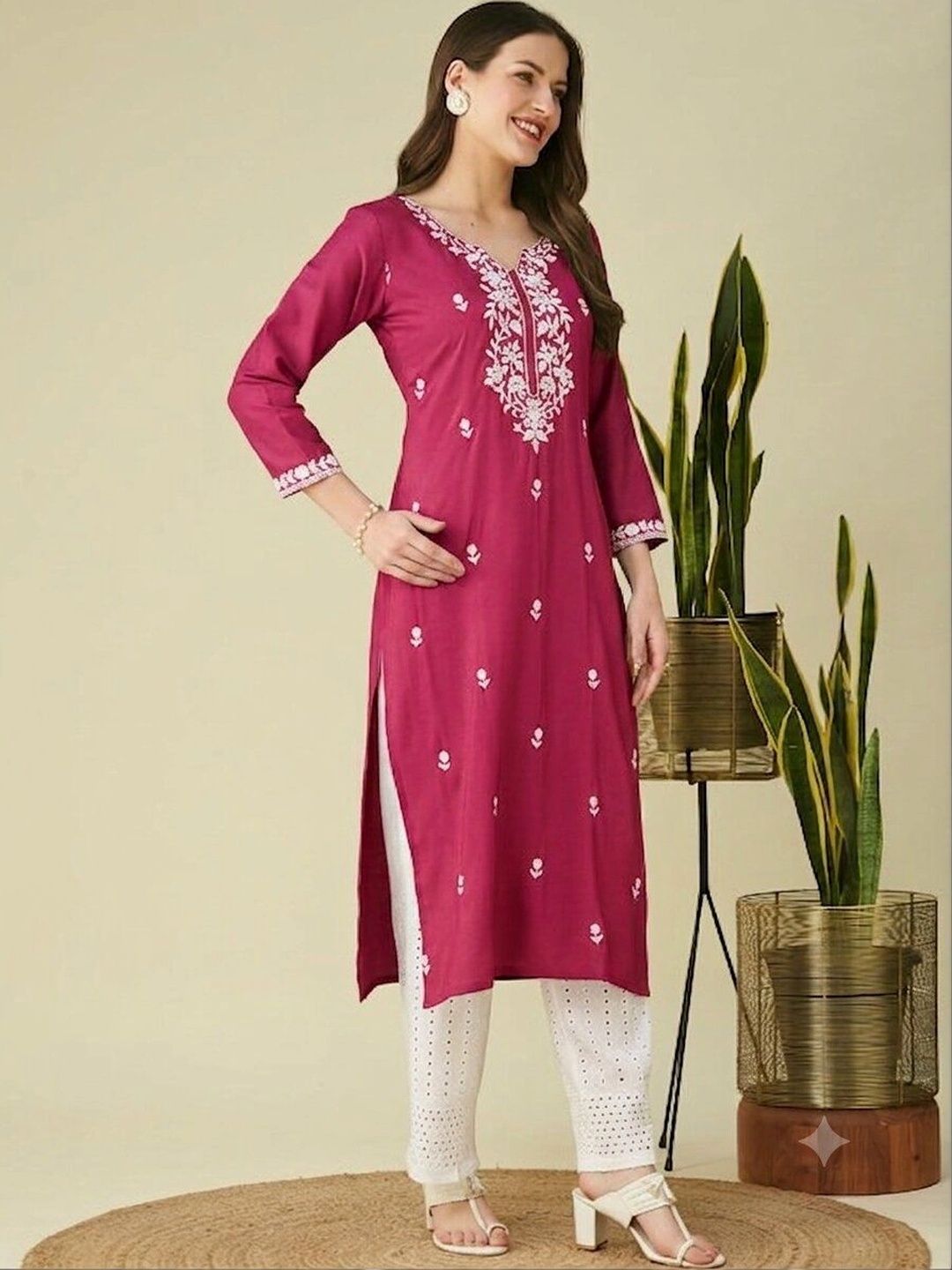ROOP AYU Ethnic Motifs Embroidered V-Neck Chikankari Chikankari Kurti-picture-23