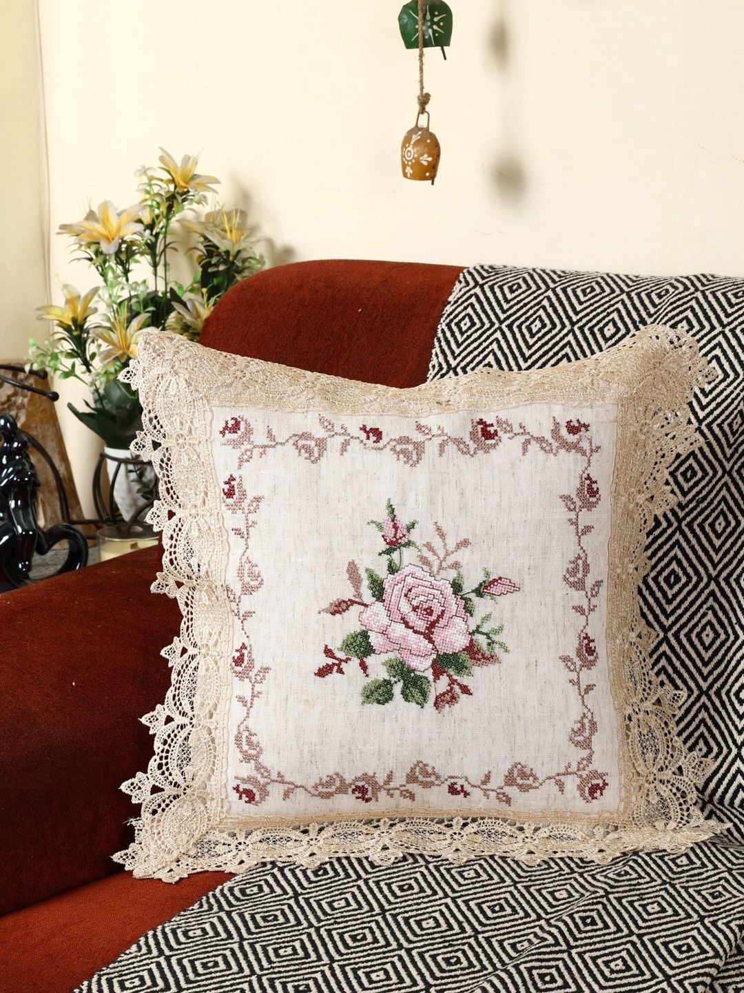 MONKDECOR White Floral Linen Square Cushion Covers-picture-14