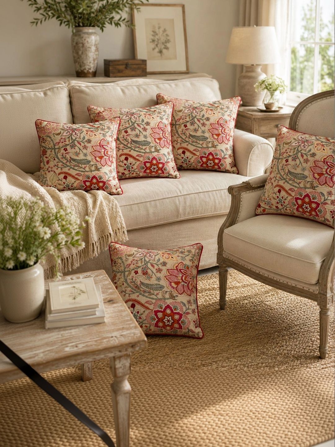Myntra Elegant Homes Multicoloured Set of 5 Floral Square Cushion Covers-picture-58