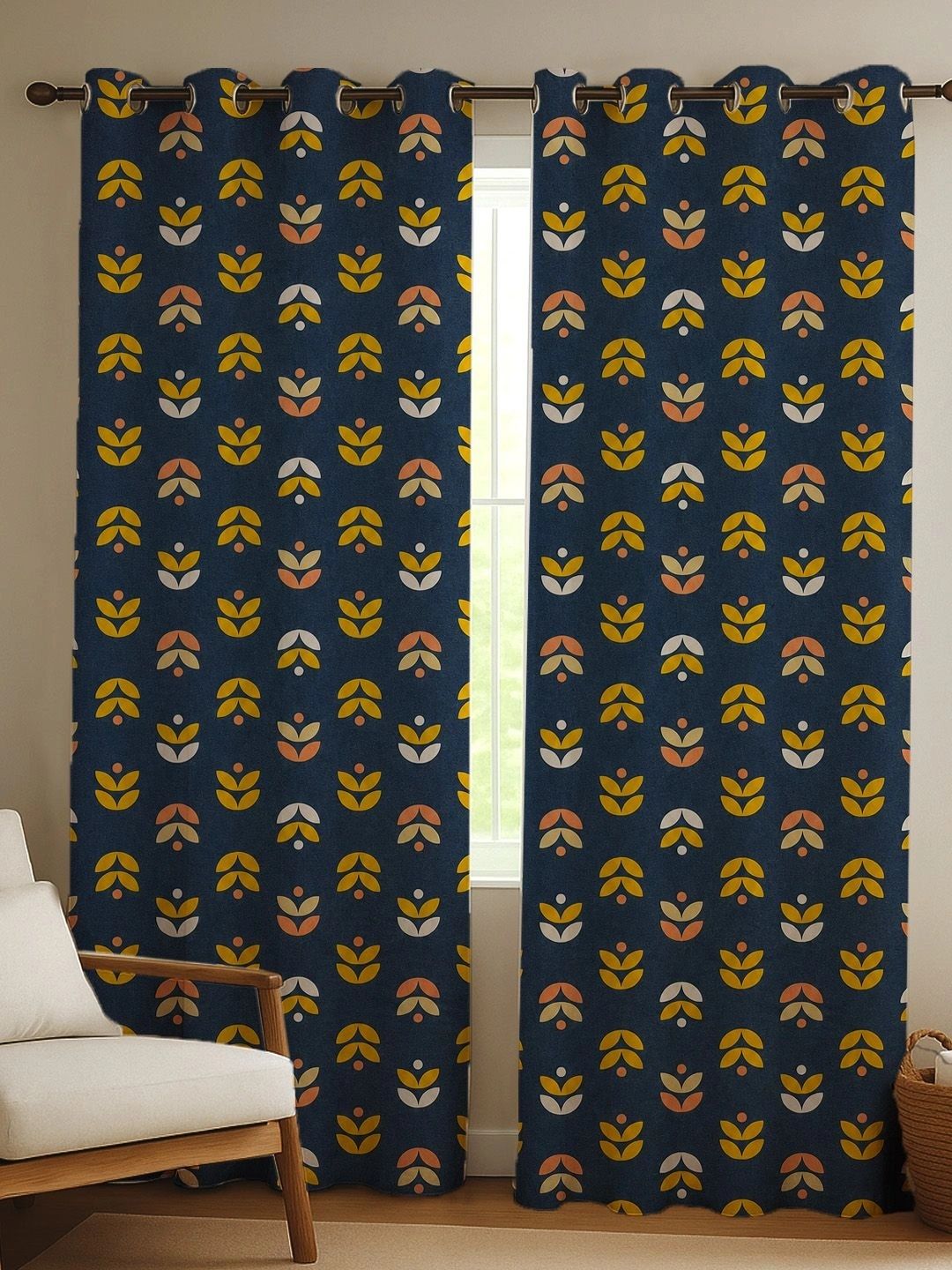 ANA Navy Blue Set of 2 Floral Room Darkening Door Curtain-image-28