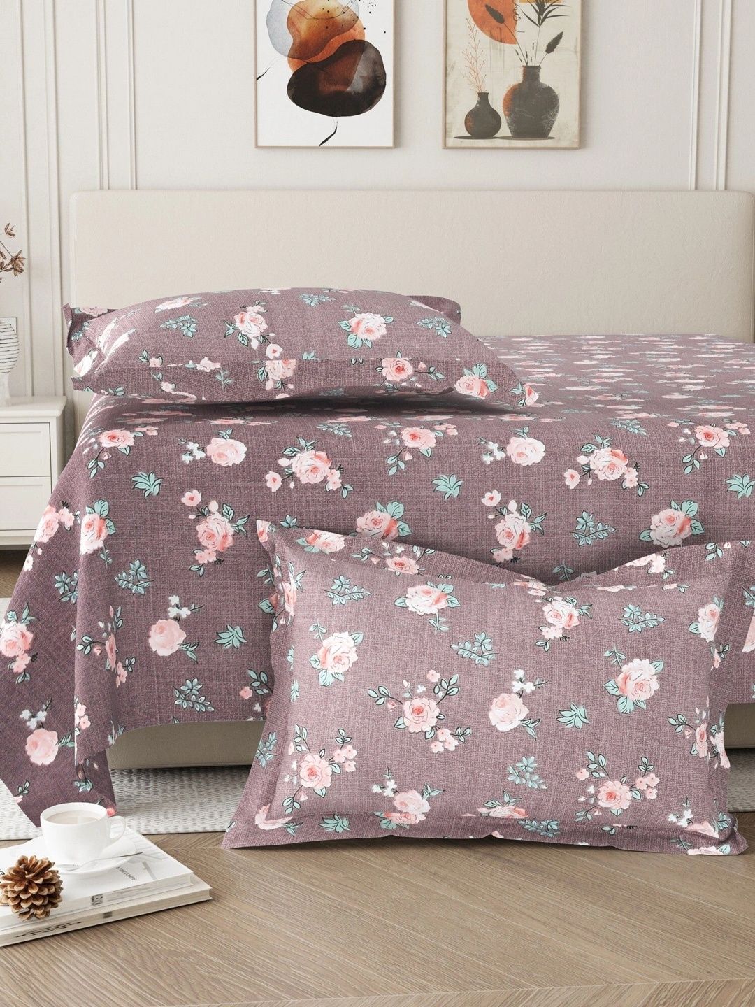 Homeful Style Grey & Pink Floral 160 TC Queen Bedsheet with 2 Pillow Covers-picture-20