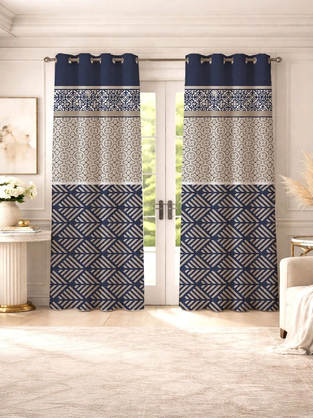 ANA Navy Blue Set of 2 Geometric Room Darkening Door Curtain-image-29