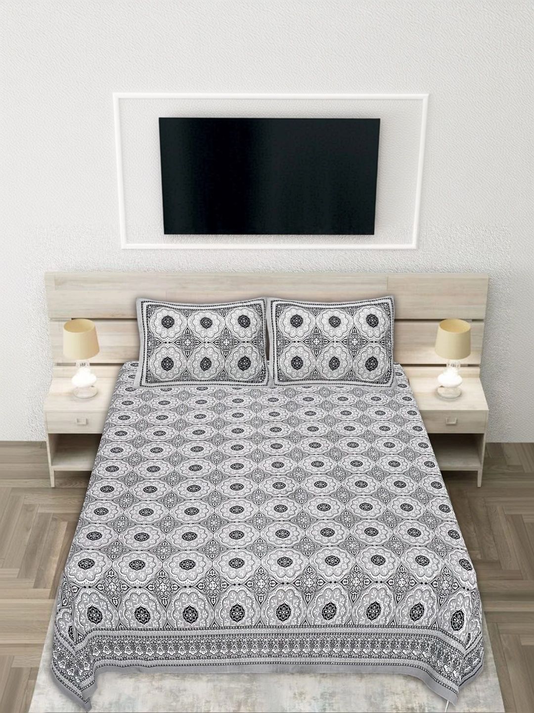 JANGID INDUSTRYS Grey & Black Geometric 210 TC Bedsheet with 2 Pillow Covers-picture-13