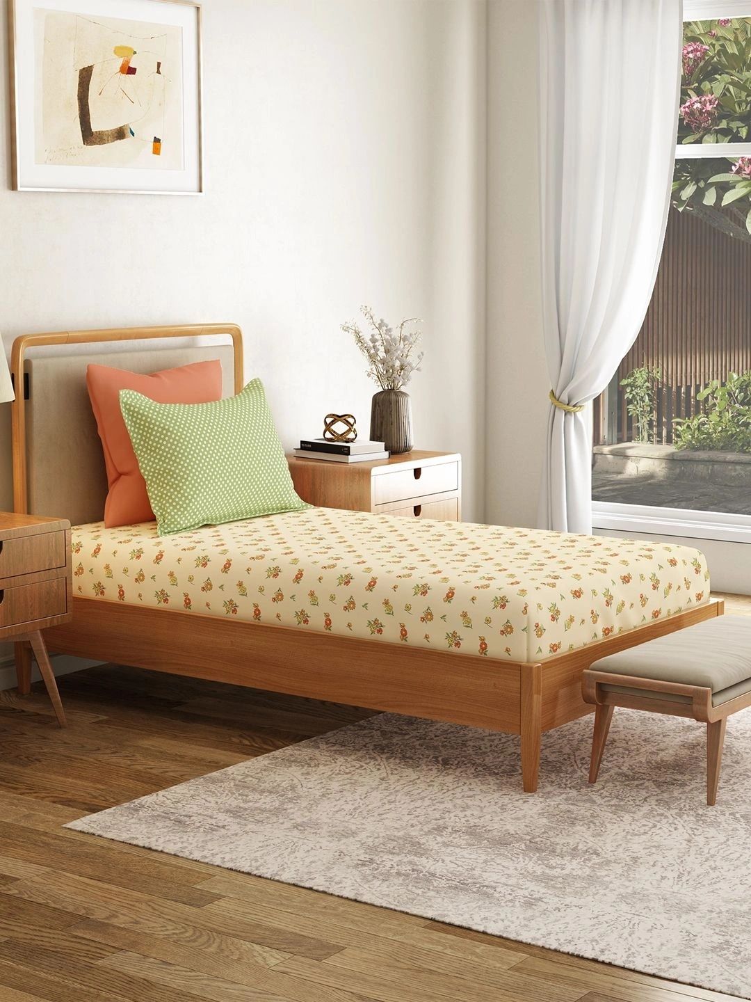 MYTRIDENT Off White & Yellow Floral 120 TC Single Bedsheet with 1 Pillow Covers-image-47