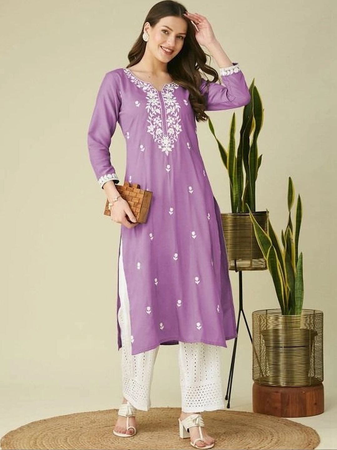 ROOP AYU Ethnic Motifs Embroidered V-Neck Chikankari Chikankari Kurti-picture-31
