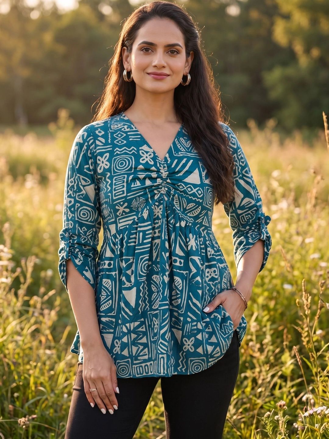 ZELZIS Print Roll-Up Sleeves Cotton Blend Top-picture-57