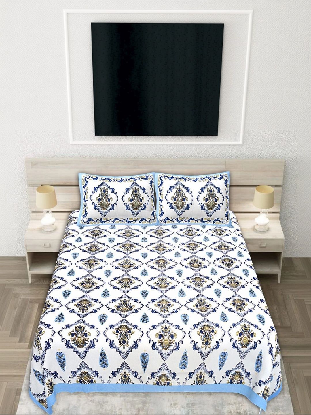 JANGID INDUSTRYS Blue & Gold-Toned 210 TC Bedsheet with 2 Pillow Covers-picture-19
