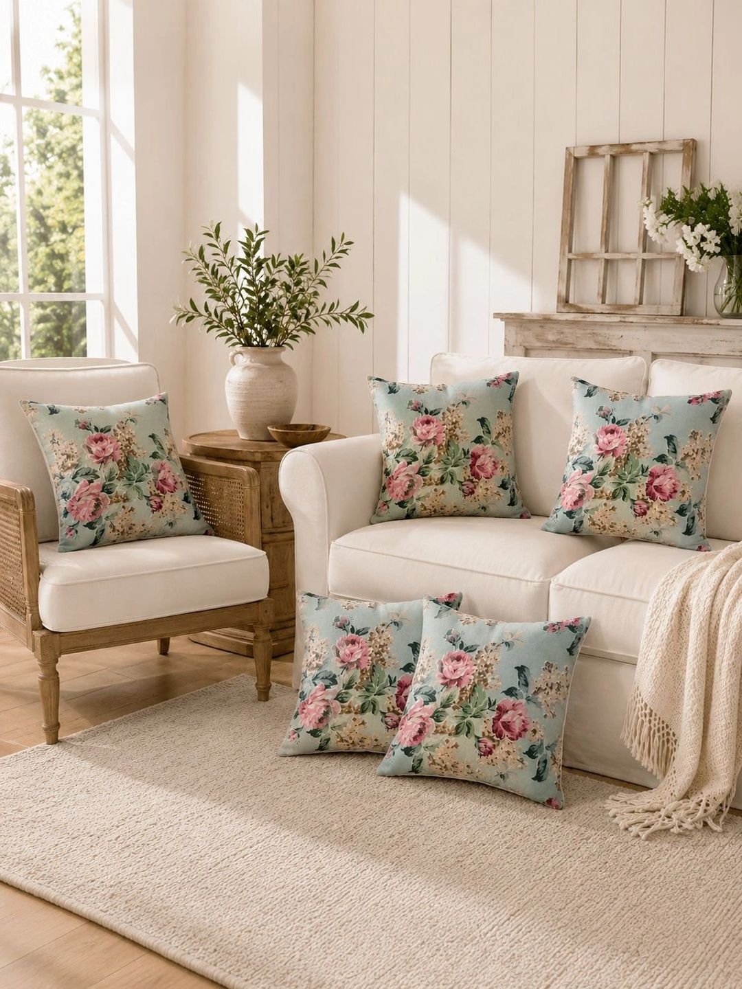 Myntra Elegant Homes Green Set of 5 Floral Square Cushion Covers-image-24
