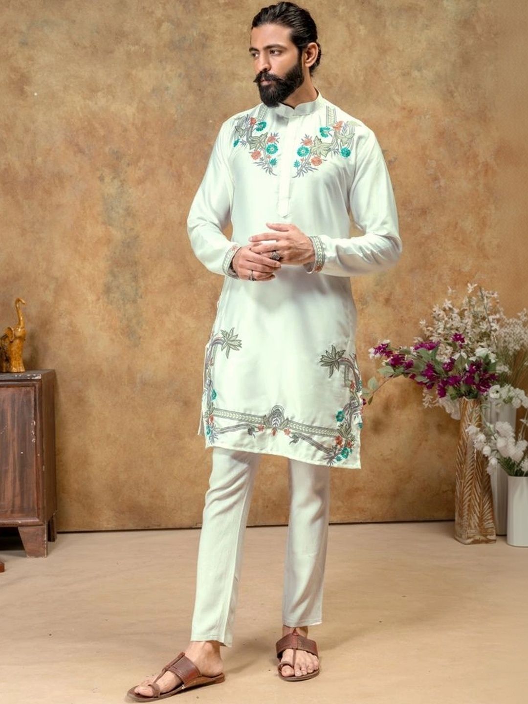 HOUSE OF DORAS Men Floral Embroidered Thread Work Floral Satin Blend Kurta-picture-19