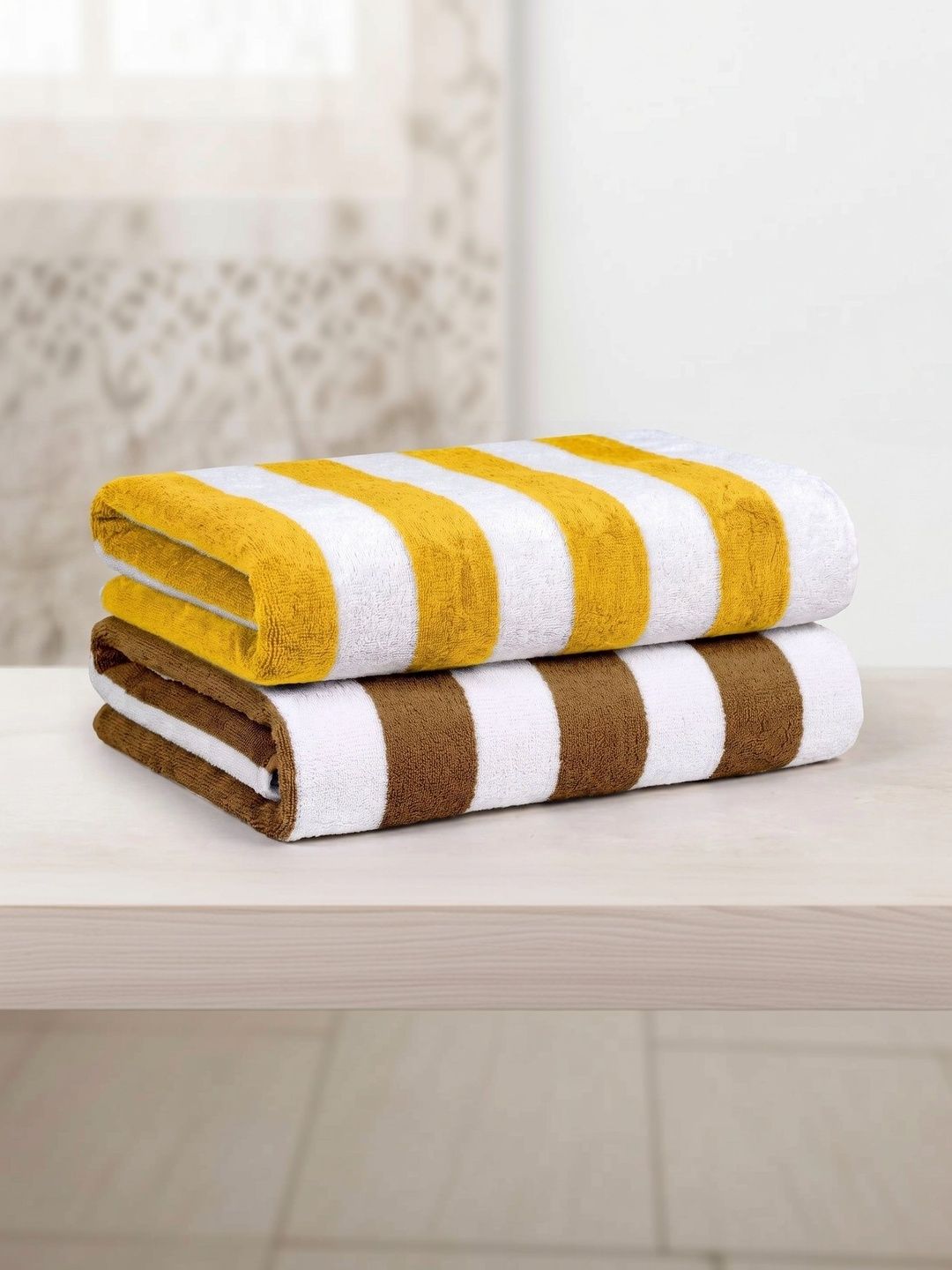 Hornbill Enterprises 2-Pcs Yellow & Brown Striped Pure Cotton 500 GSM Beach Towels-image-16
