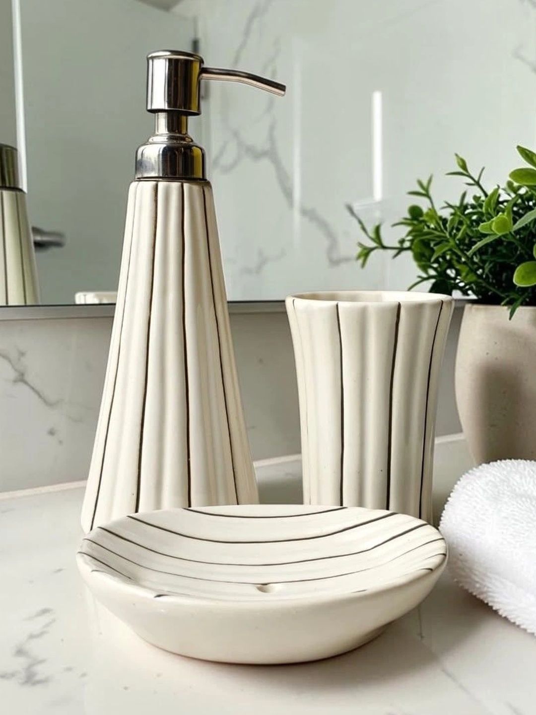 Heirloom Home White & Black 3 piece Striped Ceramic Bath Accessories Set-picture-56