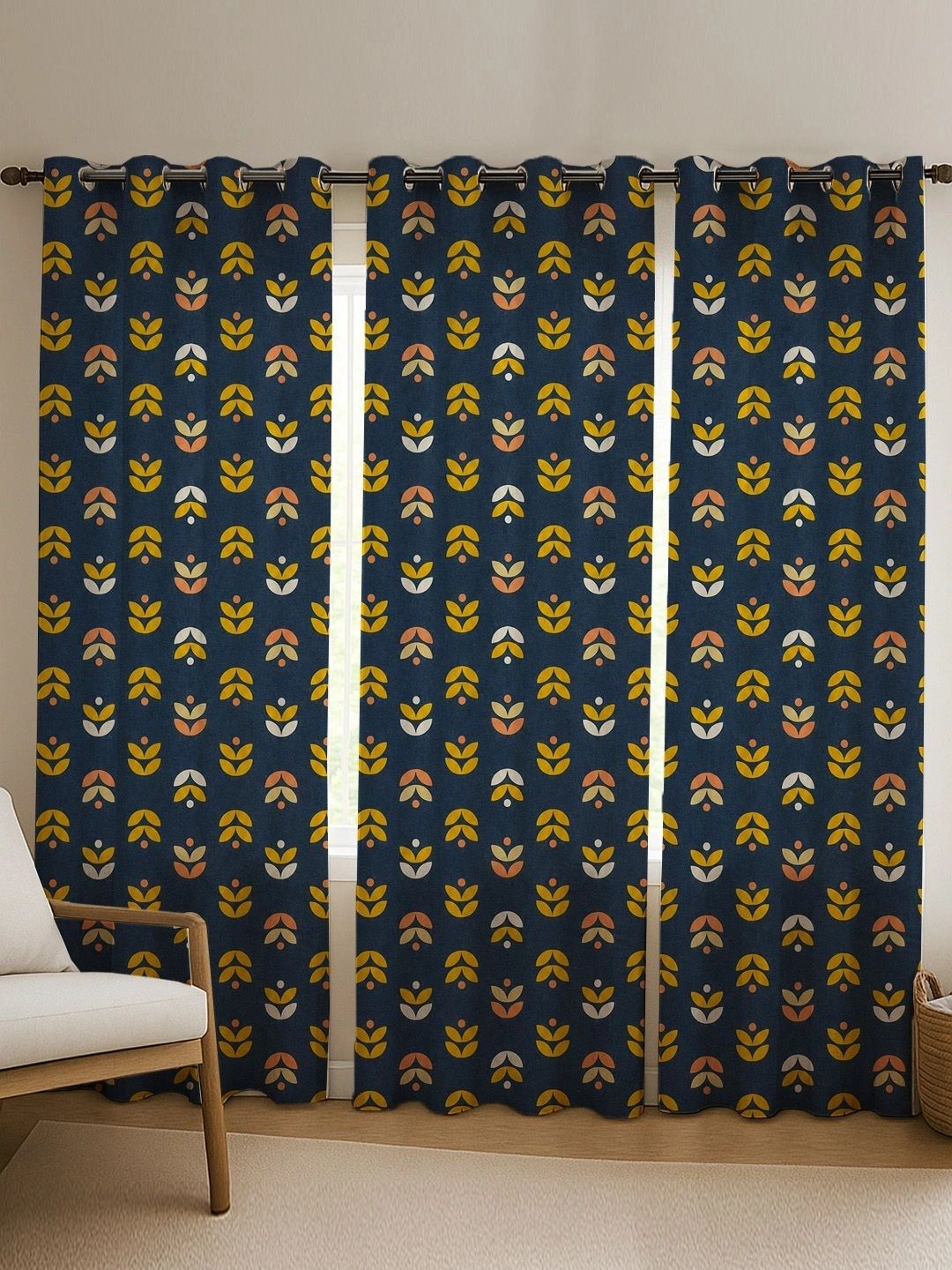 ANA Navy Blue Set of 3 Floral Room Darkening Door Curtain-image-35