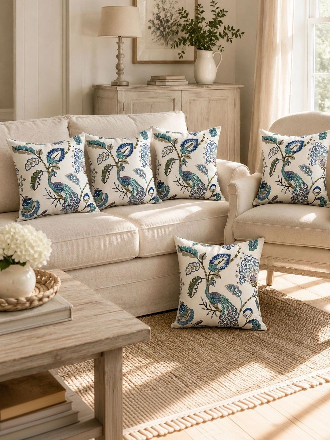 Myntra Elegant Homes Blue Set of 5 Floral Square Cushion Covers-image-29