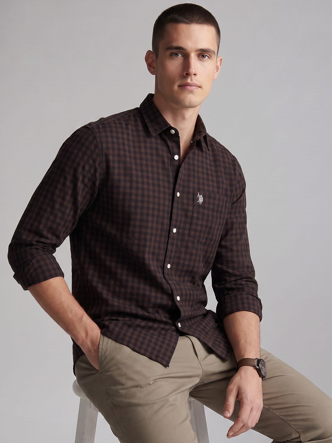 U.S. Polo Assn. Tailored Fit Gingham Checked Pure Cotton Casual Shirt-image-41