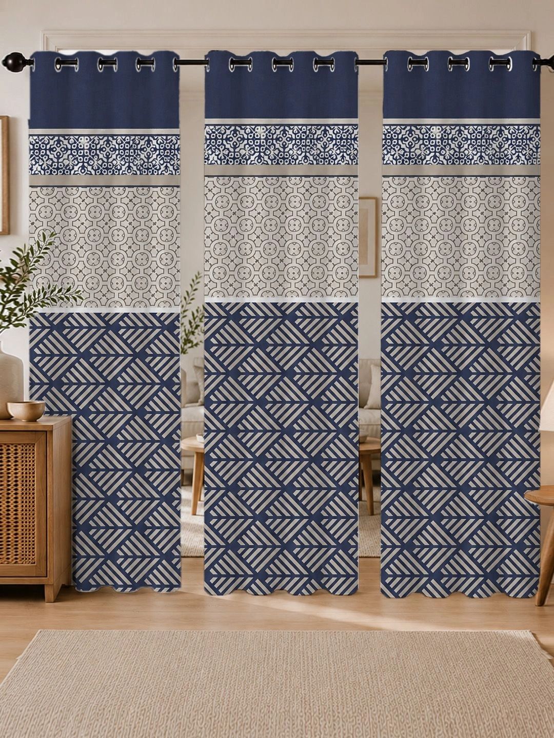 ANA Navy Blue Set of 3 Geometric Room Darkening Door Curtain-image-27