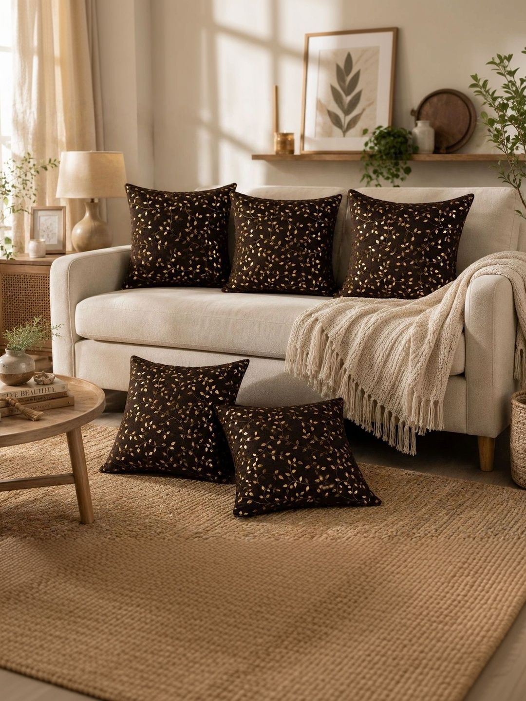 MONKDECOR Brown Set of 5 Velvet Square Cushion Covers-picture-48
