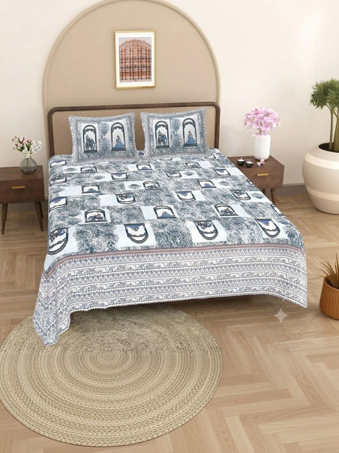 JANGID INDUSTRYS Blue & White Floral 210 TC Bedsheet with 2 Pillow Covers-picture-23