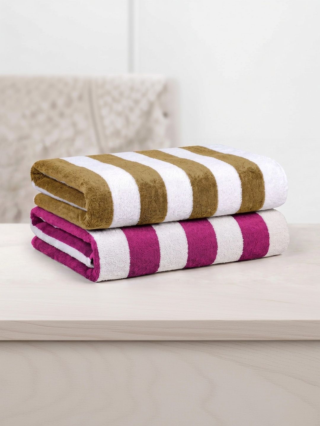 Hornbill Enterprises 2-Pcs Brown & Pink Striped Pure Cotton 500 GSM Beach Towels-image-45