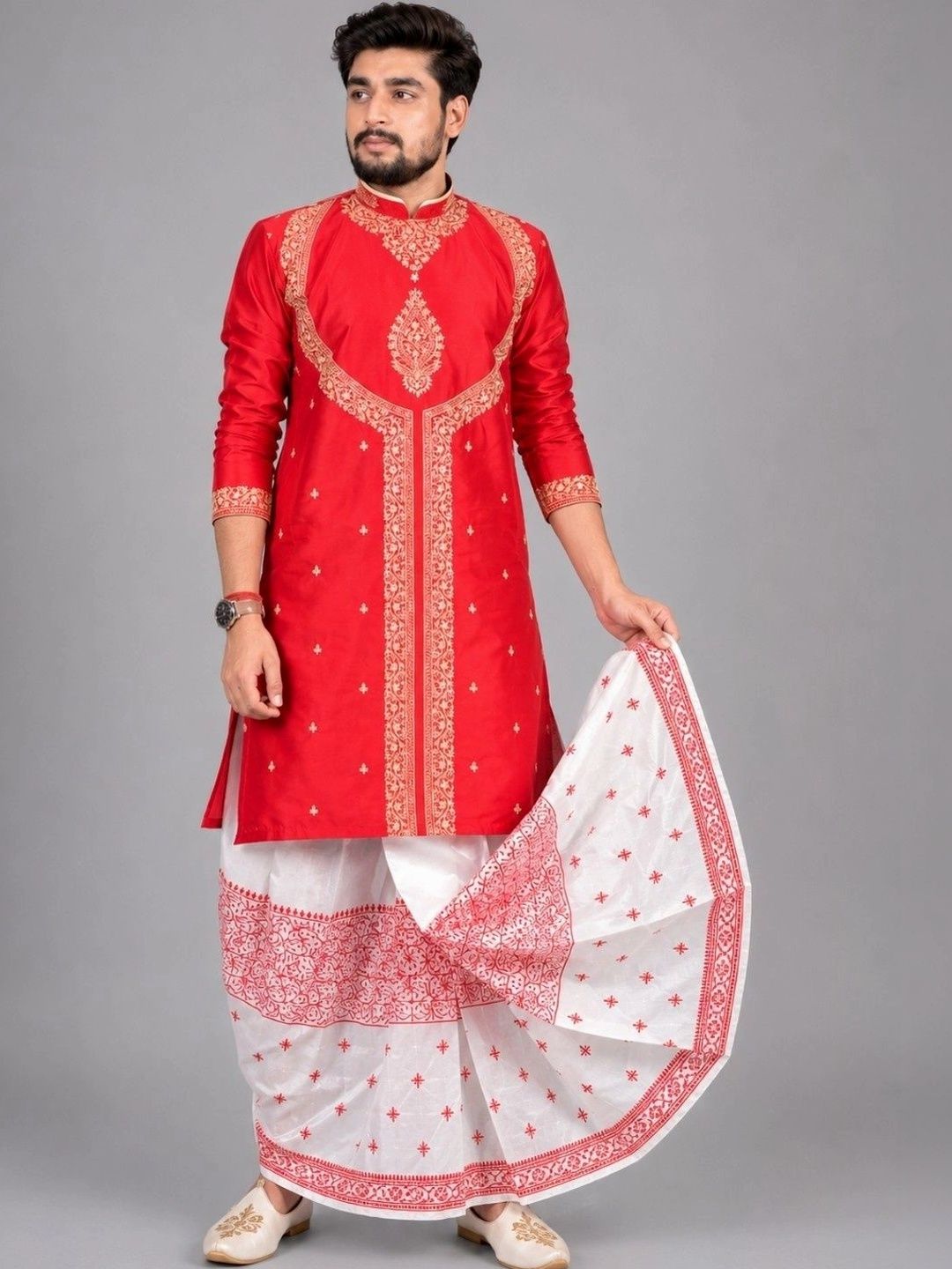 GOURI COLLECTIONS Men Ethnic Motifs Embroidered Regular Thread Work Kurta with Dhoti Pants-picture-29